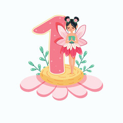Cute and modest fairy stands on a beautiful flower with number 1 on white background. Flora and Fauna. Birthday, Banner, Flyer, Greeting Card. Vector illustration in flat cartoon style