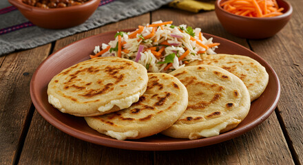 Delicious Salvadoran pupusas served with curtido on a rustic wooden table