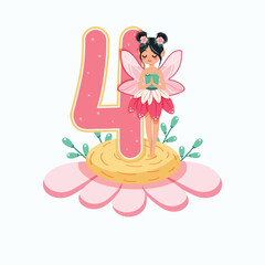 Cute and modest fairy stands on a beautiful flower with number 4 on white background. Flora and Fauna. Birthday, Banner, Flyer, Greeting Card. Vector illustration in flat cartoon style