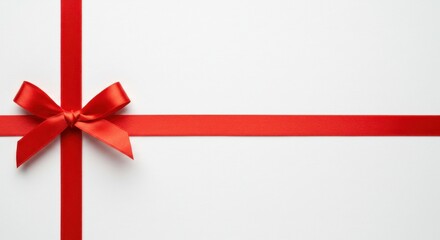 A red ribbon with a bow on a white background arranged in a cross pattern for decoration