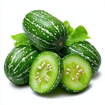 Fresh tindora ivy gourd with leaves and seeds captured in a detailed high-quality isolated photo on white background