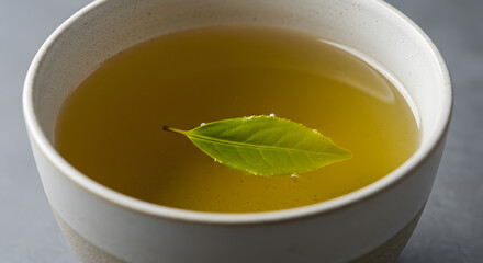 Zenith green tea infusion with floating tea leaf in a ceramic cup close-up