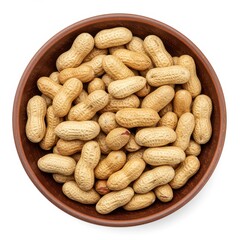 A top down view of a bowl filled with peanuts in their shells on a white background surface view