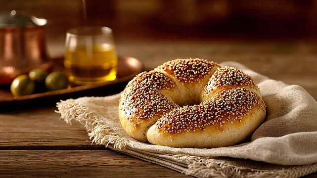 Golden Brown Simit Turkish Bagel with Sesame Seeds and Tea