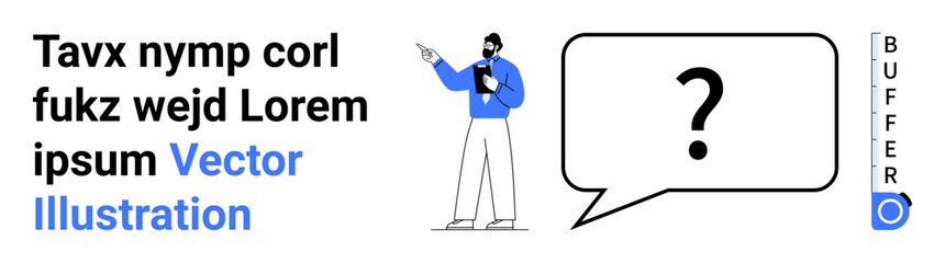 Man holding clipboard pointing to speech bubble with question mark. Ideal for education, business, communication, analysis, brainstorming, presentation, simple landing page