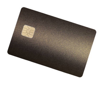 Card for financial service. Glossy plastic credit and debit bank card with chip, premium black and gold grain texture, gradient shadow, elegant and shining style. Isolated on white background..