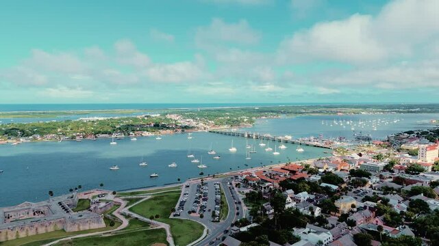 Scenic drone footage of St. Augustine, Florida, showcasing its historic streets, Spanish colonial architecture, and charming coastal atmosphere. Ideal for travel documentaries, tourism content