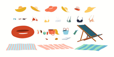 Illustration showcasing various beach items including hats, swimwear, sunglasses, and accessories like chairs and bags, ideal for summer vacations.