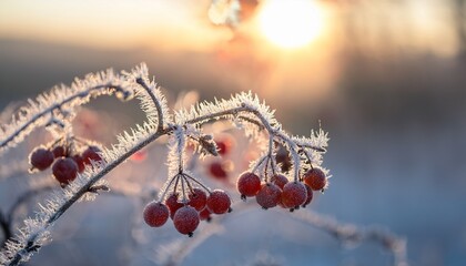 frosty winter berries sparkling in magical morning light
