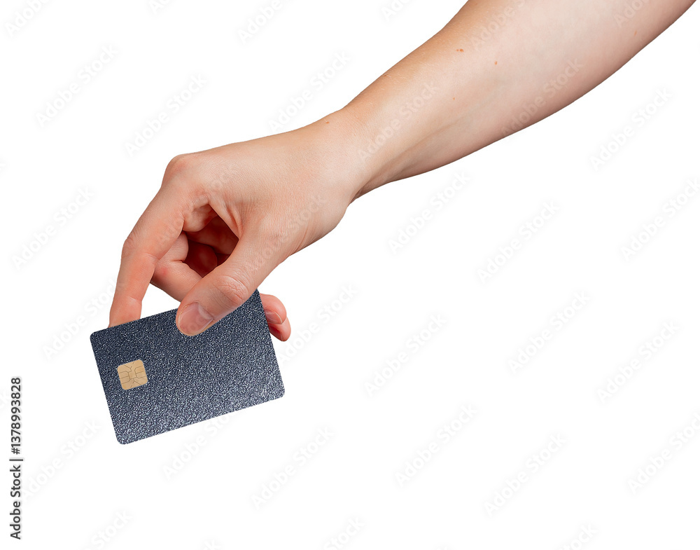 Poster card in hand. client showing elegant plastic bank credit and debit object with chip, gradient textur