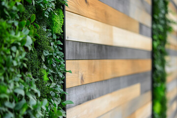Natural wood wall siding with green foliage accents Generative AI