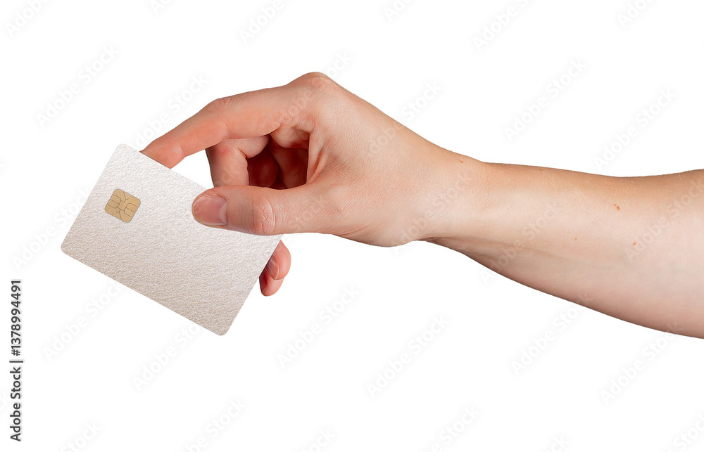 Aufkleber card in hand. client showing pearlescent plastic bank credit and debit object with sim, glossy textu