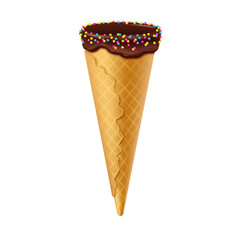 Illustration of a waffle cone dipped in chocolate with colorful sprinkles on a white background. Cone features a textured pattern and a glossy chocolate coating, often used for ice cream or desserts.