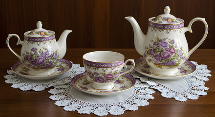 Elegant Tea Service with Floral Patterns and Delicate Lace Doilies Displayed