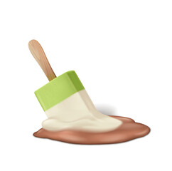 Digital illustration of a melting ice cream bar in three colors green white and brown on a wooden stick against a white background creating a sense of summer warmth