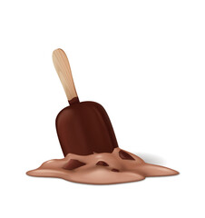 Digital artwork of a melting chocolate ice cream bar with a wooden stick lying on white surface. Detail captures the creamy texture and rich color of the melted treat, emphasizing summer and sweetness
