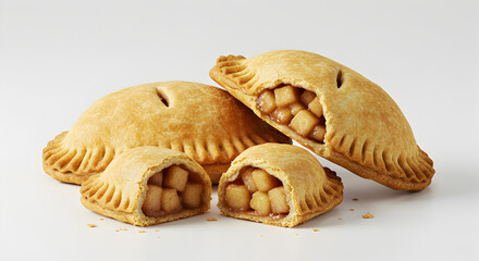Golden Brown Vegan Apple Pie Pockets Stacked Creatively on White Surface