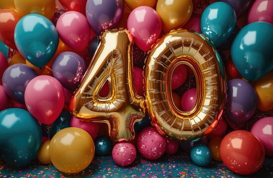 Gold Number 40 With Colorful Balloons And Confetti