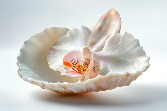 Delicate white orchid nestled inside a seashell, a serene and beautiful juxtaposition of nature.
