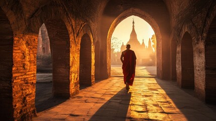 Monk traverses through ancient Bagan temple corridor in warm golden sunlight