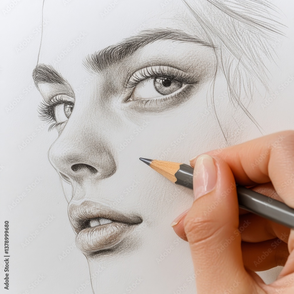 Poster drawing a portrait: capturing delicate features with pencil on paper, artistic expression and detail