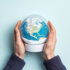 Earth inside snow globe held by hands, frozen in time concept