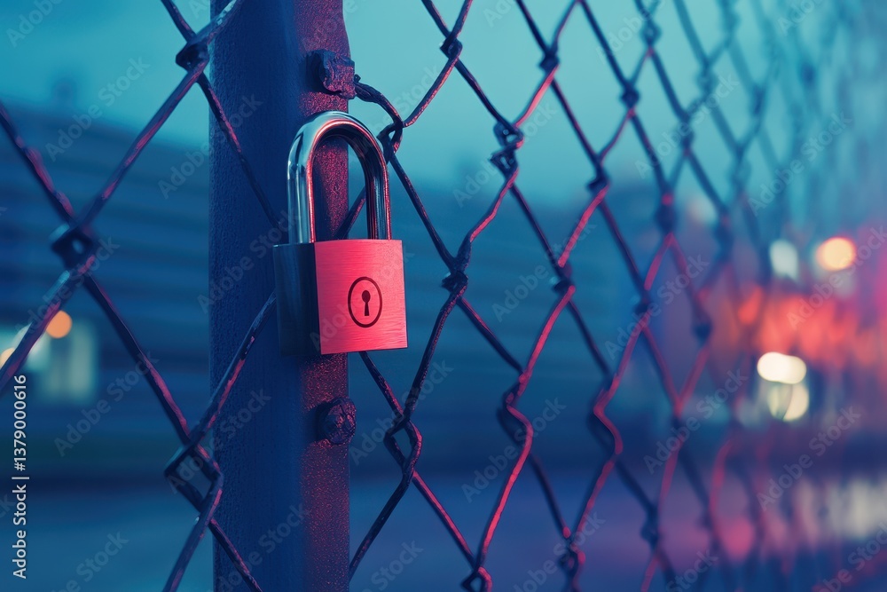 Poster a padlock is securely attached to a sturdy metal fence ensuring safety and security implementing two