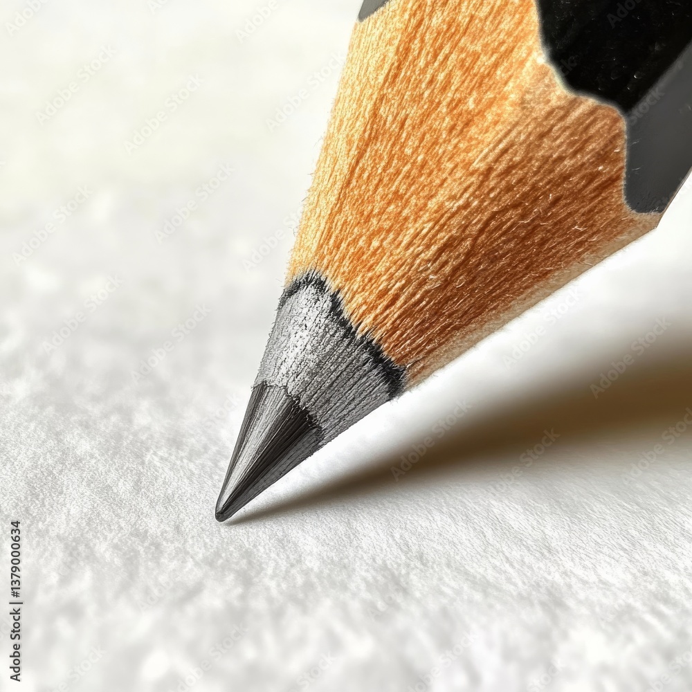 Poster pencil point poised: macro view of a sharp graphite tip ready to draw on a textured white surface