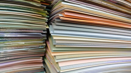Colorful assortment of paper stacks for craft projects and office supplies