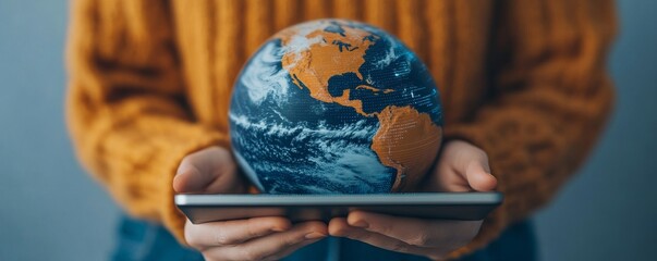 Earth on digital tablet in hands, environmental data visualization