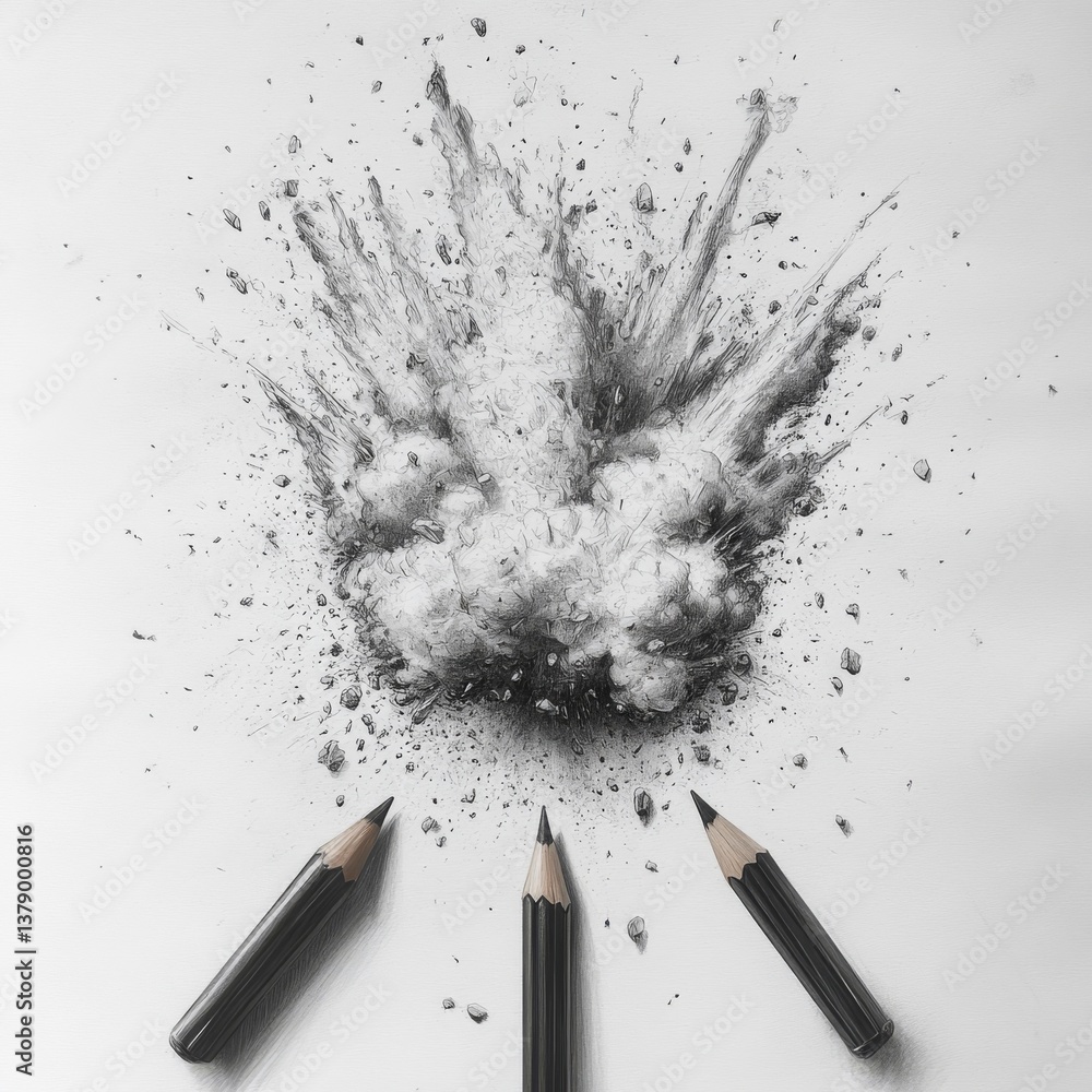Poster pencils pointing to a creative explosion: graphite drawing exploding with ideas and artistic potenti