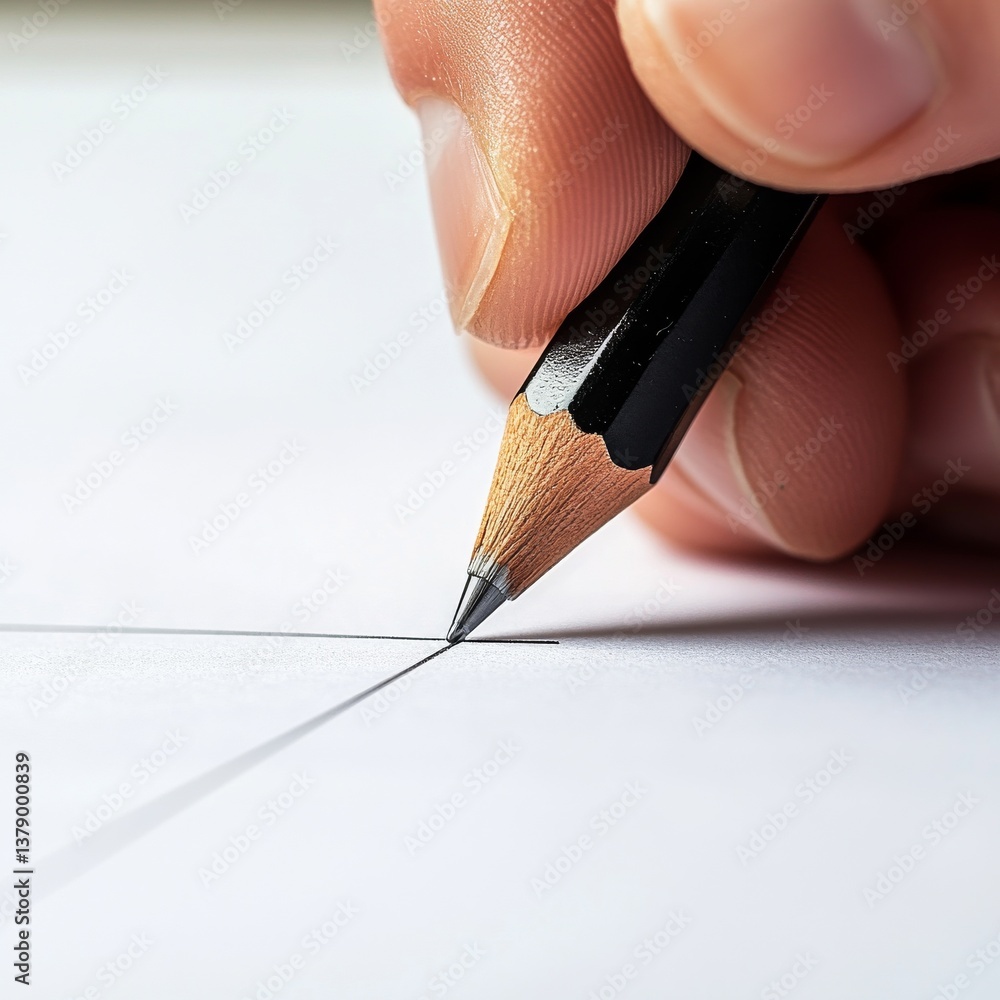 Poster precision in progress: a close-up of a hand drawing a fine line with a sharp pencil on white paper