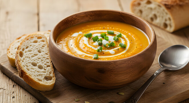 Delightful bowl of vegan carrot ginger soup served with crusty artisan bread - Powered by Adobe