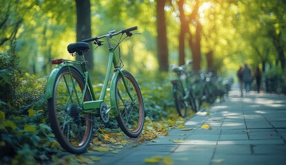 Fototapeta premium Green Bicycle in Park Pathway at Sunny Day