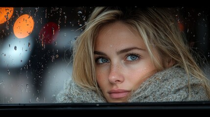 A woman looking out the window of a car at night