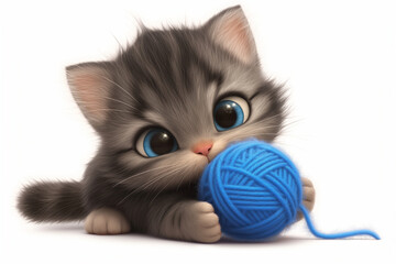 Cute little grey tabby kitten with blue ball of yarn isolated on white, illustration for kids