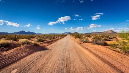 dirt road stretching through arizona desert under a vast blue sky