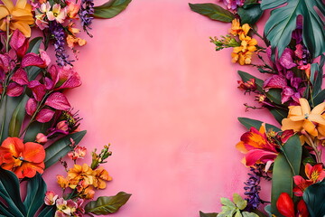 Obraz premium Bright exotic flowers on pink textured background. Summer greeting card design. Floral frame with botanical flowers for tropical decor. Bright spring background for summer wallpaper