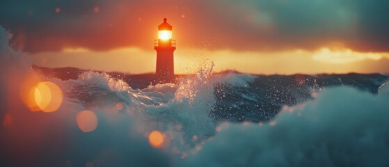 A mighty lighthouse stands resilient against crashing waves, its light guiding through the stormy sea under a moody sky.