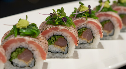 Exquisite kue longtooth grouper sushi rolls topped with greens on white plate