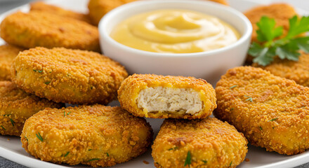 Crispy vegan chicken nuggets served with creamy mustard dipping sauce