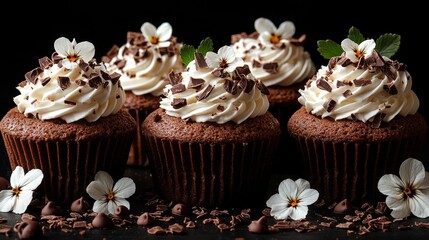 A group of chocolate cupcakes with white frosting and chocolate chips