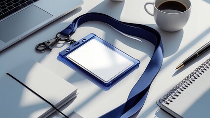 Flat lay mockup of a navy blue lanyard with an attached transparent ID card case, placed neatly on a modern workspace desk