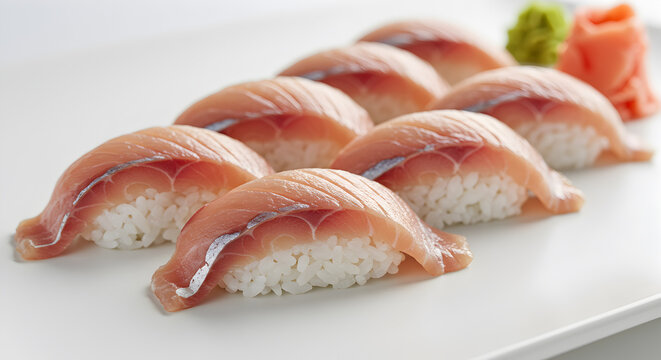 Elegant arrangement of Madai sea bream sushi on a pristine white plate surface