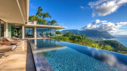 Fototapeta premium Luxury villa with infinity pool overlooking breathtaking mountain and coastal scenery