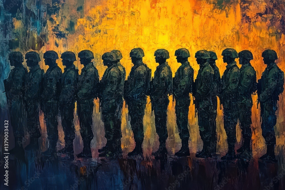 Poster a painting depicting a group of soldiers standing closely together in unity and strength an abstract