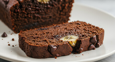 Delectable slice of vegan chocolate banana bread with decadent chocolate chips