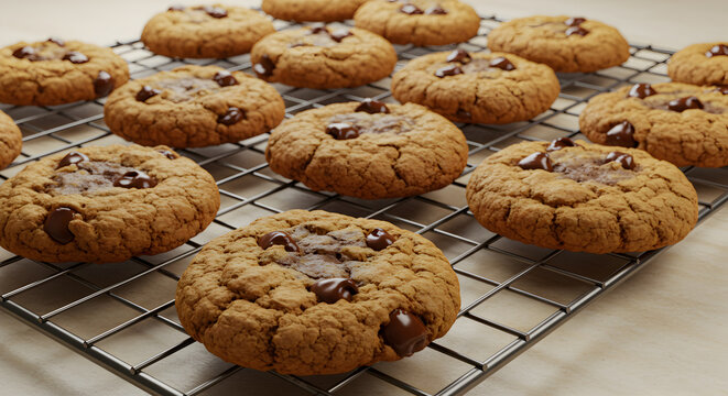 Freshly baked vegan chocolate chip cookies cooling on a wire rack display