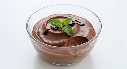Decadent vegan chocolate mousse dessert with fresh mint garnish in glass bowl