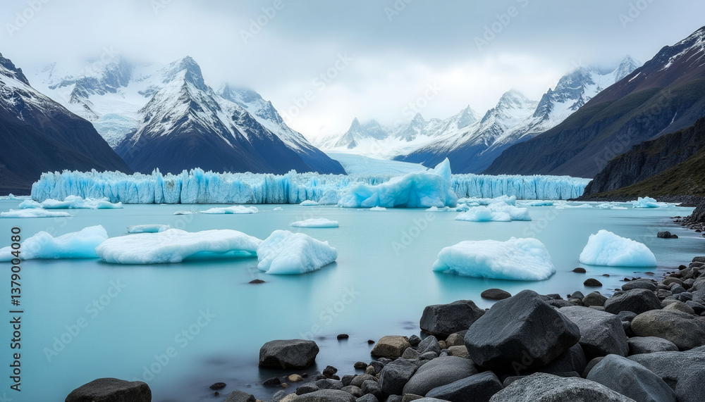 Poster a large body of water with a large ice block floating on it. the sky is clear and the mountains in t